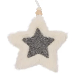 ORN FABRIC STAR 5″ IVORY FUR W/ GRAY STAR