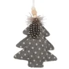 ORN FABRIC TREE 5″ GRAY POLKA DOT W/ FEATHER