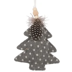 ORN FABRIC TREE 5″ GRAY POLKA DOT W/ FEATHER