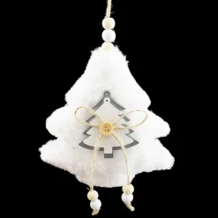 ORN FABRIC TREE 5″ W/WOODEN TRIM WHITE/ GRAY FUR