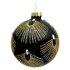ORN GLASS BALL 3″ BLACK MATTE W/ FEATHER PATTERN GLITTER & JEWELS