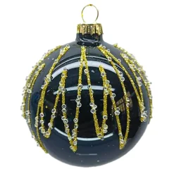 ORN GLASS BALL 3″ BLACK SHINY W/ GOLD GLITTER