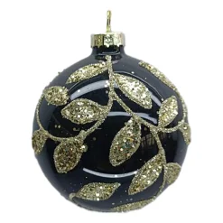 ORN GLASS BALL 3″ BLACK W/ GOLD LEAF