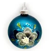 ORN GLASS BALL 3″ BLUE FLORAL DECORATED GLITTER | SEQUINS | BEADS