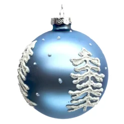 ORN GLASS BALL 4″ BLUE ICE WITH WHITE TREE