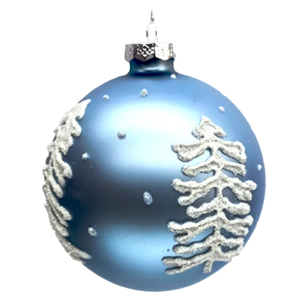 ORN GLASS BALL 4″ BLUE ICE WITH WHITE TREE