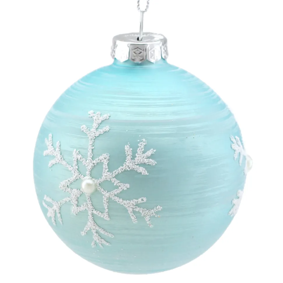 ORN GLASS BALL 3″ BLUE- LIGHT W/ WHITESNOWFLAKES