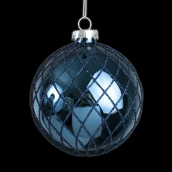 ORN GLASS BALL 3″ BLUE- NAVY SHINY W/ BLUE DIAMOND GLITTER DESIGN