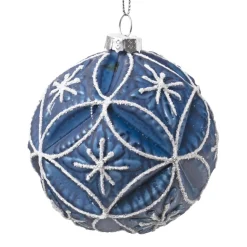 ORN GLASS BALL 3″ BLUE- NAVY EMBOSSED W/ WHT GLTR FLOWER PATTERN