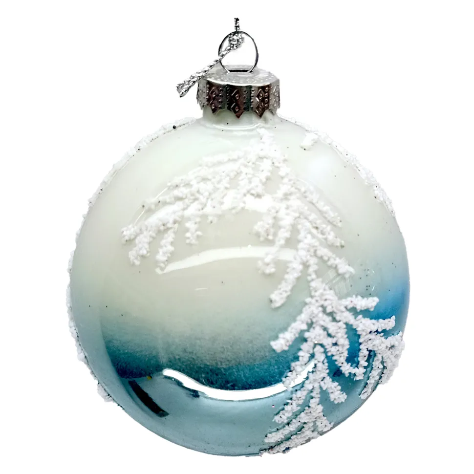 ORN GLASS BALL 3″ BLUE PINE PATTERN IN FROSTED GLITTER