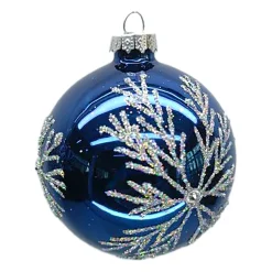 ORN GLASS BALL 3″ BLUE SHINY SNOWFLAKE W/ WHITE GLITTER