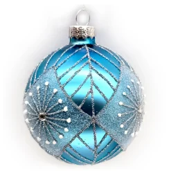 ORN GLASS BALL 3″ BLUE W/ GLITTER STAR BURST PATTERN