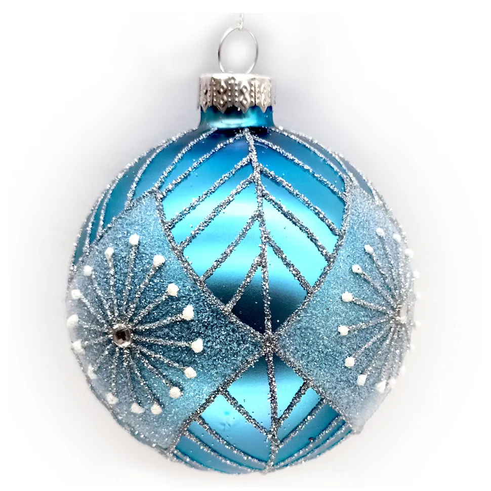 ORN GLASS BALL 3″ BLUE W/ GLITTER STAR BURST PATTERN