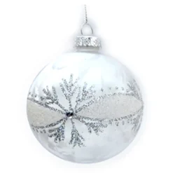 ORN GLASS BALL 3″ CLEAR- FROSTED W/ SILVER GLTR. SNOWFLAKE