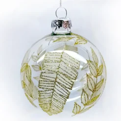 ORN GLASS BALL 3″ CLEAR W/ GOLD GLITTER LEAF PATTERN