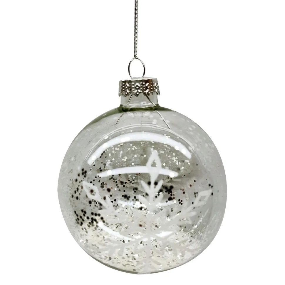 ORN GLASS BALL 3″ CLEAR W/WHITE SNOWFLAKE PATTERN