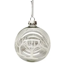 ORN GLASS BALL 3″ CLEAR W/WHITE TREE PATTERN