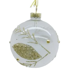 ORN GLASS BALL 3″ CLEAR/FROST LEAF W/ CHAMPAGNE GLITTER