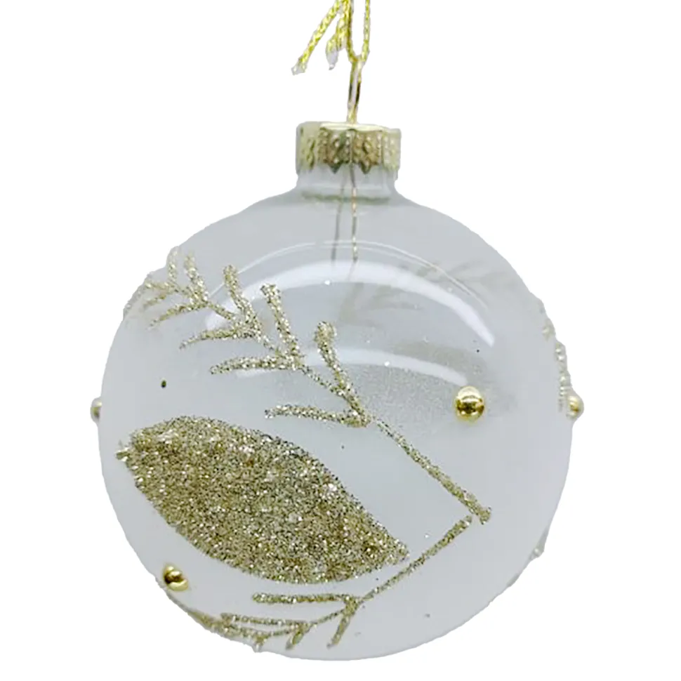 ORN GLASS BALL 3″ CLEAR/FROST LEAF W/ CHAMPAGNE GLITTER