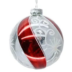 ORN GLASS BALL 4″ CLEAR/RED SWIRL W/ WHITE GLITTER