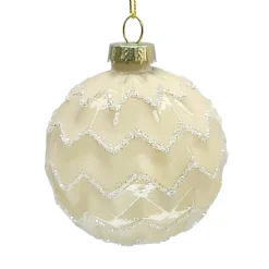 ORN GLASS BALL 3″ CREAM PEARL ZIGZIG W/ GLITTER