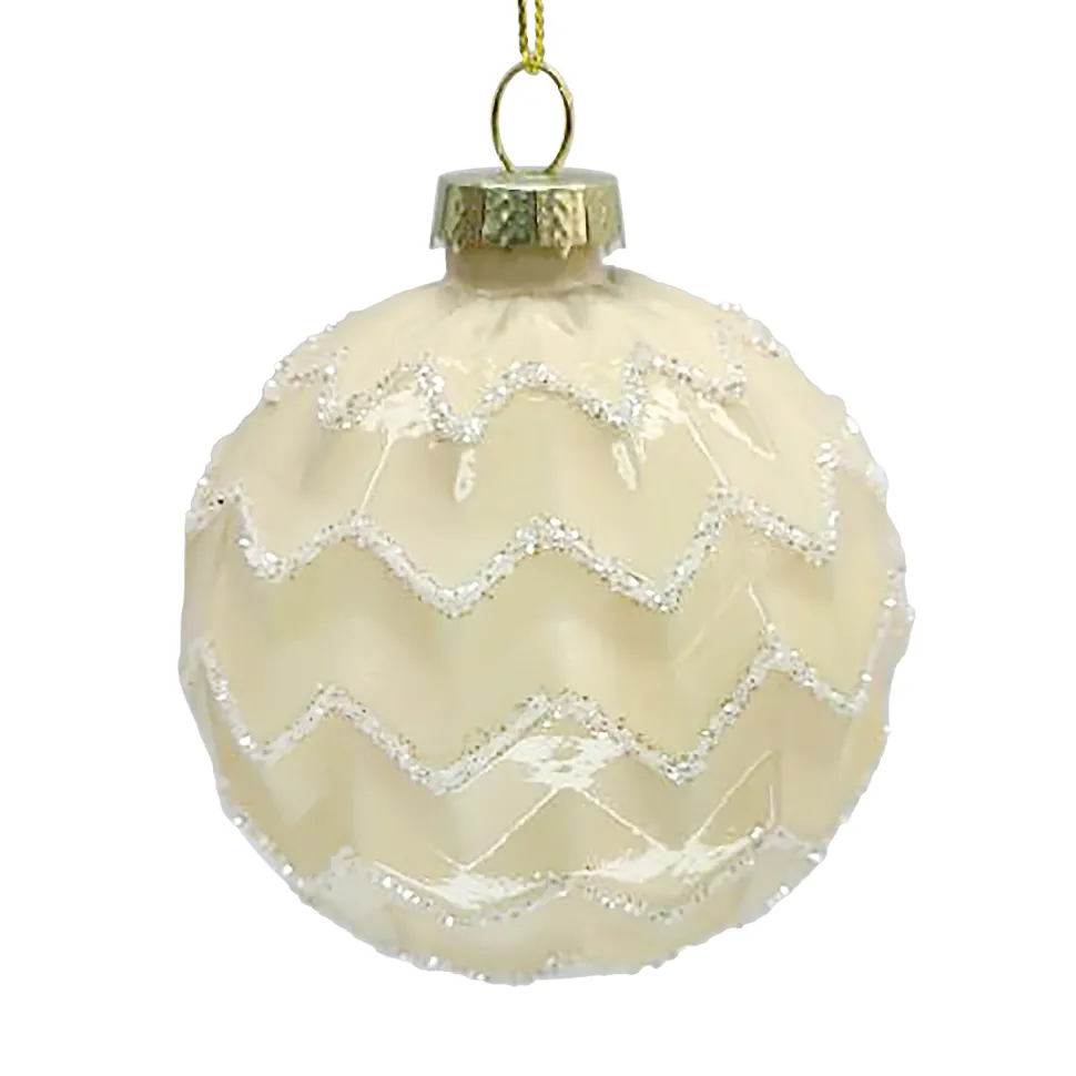 ORN GLASS BALL 3″ CREAM PEARL ZIGZIG W/ GLITTER