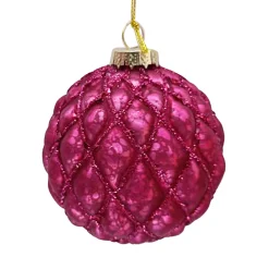 ORN GLASS BALL 3″ FUSCHIA MATT BUBBLE W/ CHAMPAGNE GLITTER