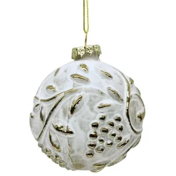 ORN GLASS BALL 3″ GOLD EMBOSED W/ WHITE WASED GOLD LVS