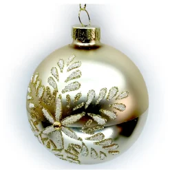 ORN GLASS BALL 3″ GOLD MATTE W/ SNOWLKAE GLITTER & BEADS