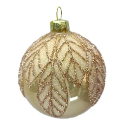 ORN GLASS BALL 3″ GOLD SHINY W/ BEADED LEAF