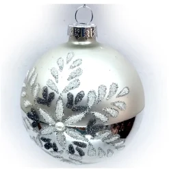 ORN GLASS BALL 3″ GOLD SILVER MATTE W/ GLITTER SNOWFLAKE WITH BEADS