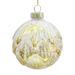 ORN GLASS BALL 3″ GOLD W/ WHITE FINISH LEAF