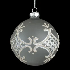 ORN GLASS BALL 3″ GRAY W/ SILVER GLITTER PATTERN