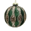 ORN GLASS BALL 3″ GREEN- DARK W/CHAMPANE WAVE STRIPES