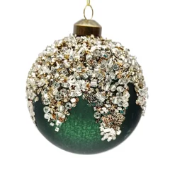 ORN GLASS BALL 4″ GREEN- DARK W/ GOLD BEADS ON TOP