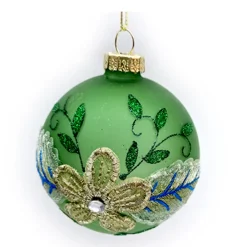 ORN GLASS BALL 3″ GREEN DECORATED W/ GLITTER & SEQUINS & BEADS