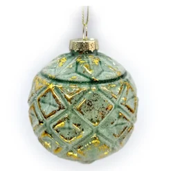 ORN GLASS BALL 3″ GREEN FROST W/GOLD LEAF FIN. EMBOSSED DIAMOND