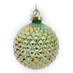 ORN GLASS BALL 3″ GREEN FROST W/GOLD LEAF FIN EMBOSSED SMALL DIAMOND
