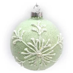 ORN GLASS BALL 3″ GREEN- MINT FROST GLITTER W/ WHITE SNOWFLAKE & PEARL