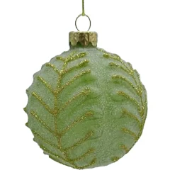 ORN GLASS BALL 3″ GREEN MINT LEAF W/ FROST & GLITTER