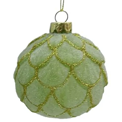 ORN GLASS BALL 3″ GREEN MINT SCALLOPED W/ FROST & GLITTER