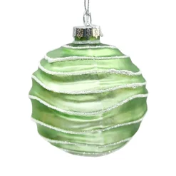 ORN GLASS BALL 3″ GREEN MINT W/ WAVE ICE GLITTER