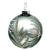 ORN GLASS BALL 3″ GREY MATTE W/ GLITTER LEAF