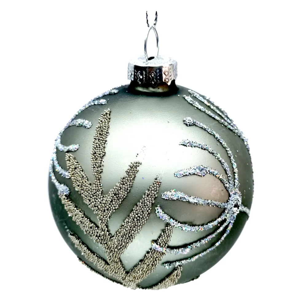 ORN GLASS BALL 3″ GREY MATTE W/ GLITTER LEAF