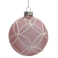 ORN GLASS BALL 3″ PINF FROST FLORAL W/ WHITE GLITTER