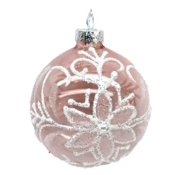 ORN GLASS BALL 3″ PINK- CLEAR W/ FLORAL GLITTER PATTERN WITH BEADS
