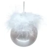 ORN GLASS BALL 3″ PINK FROSTED WITH FEATHERS