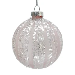 ORN GLASS BALL 3″ PINK FROST MELON W/ WHITE ICE GLITTER