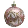 ORN GLASS BALL 3″ PINK MATT SCALLOP W/ GOLD/WHITE GLITTER
