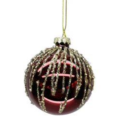 ORN GLASS BALL 3″ RED- BURGUNDY SHINY W/CHAMPAGE ICICLES